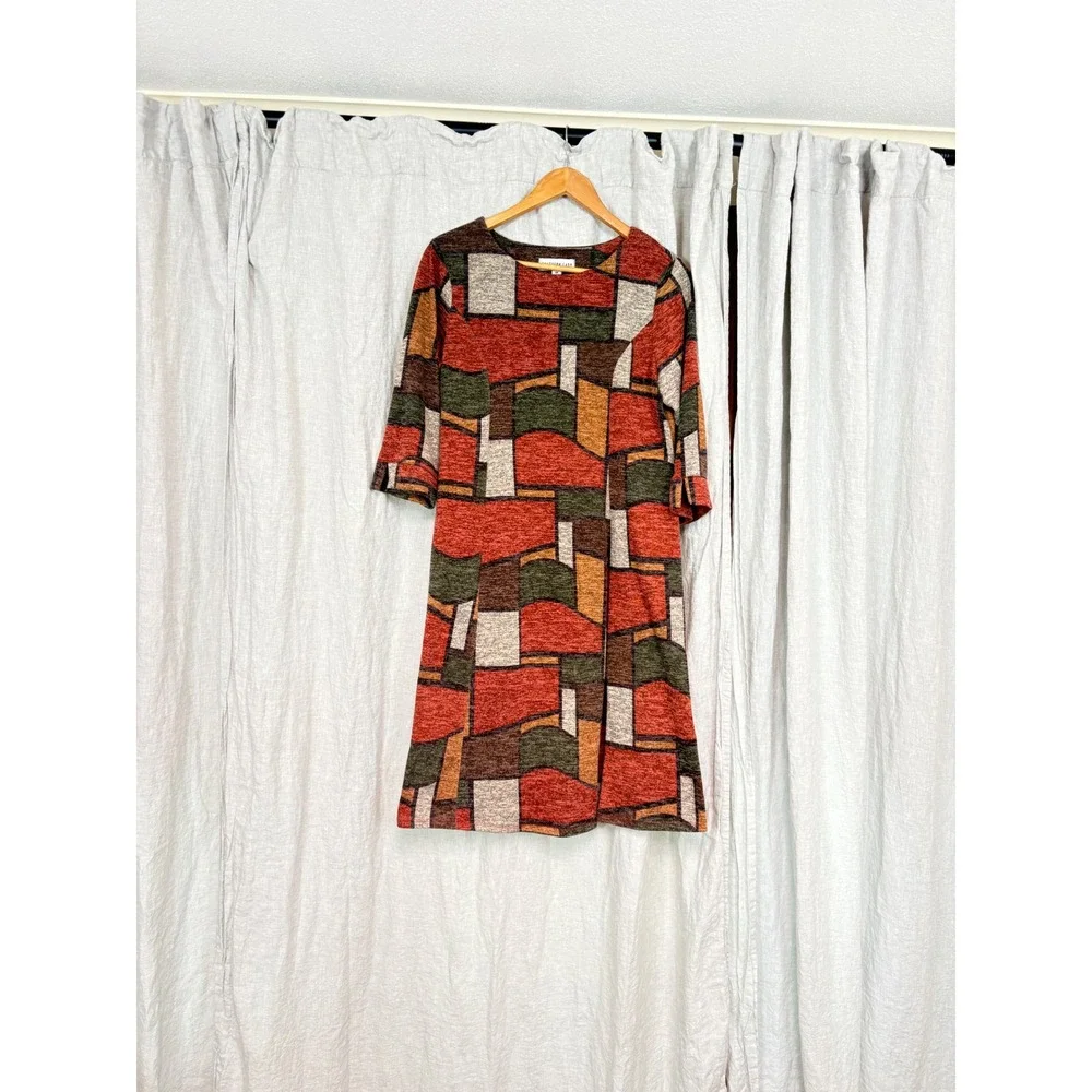 Southern Lady Womens Geometric Print 3/4 Sleeve Shift Dress Rust Green M